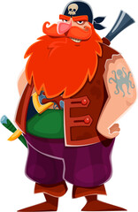 Corsair pirate redhead sailor cartoon character. Strong and muscular pirate isolated vector character with big red beard and kraken octopus tattoo, wearing bandana, armed with musket rifle and sword