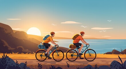 Fototapeta premium Two Cyclists Riding Along Coastal Path During Sunset in Warm Colors