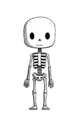 Cute cartoon skeleton character with large head and simple features, standing upright