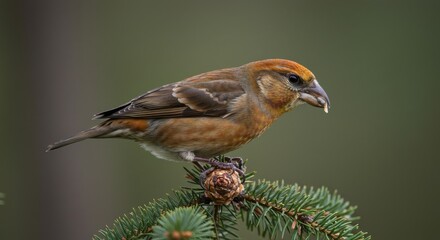 Beautiful orange crossbill perched gracefully on a pine tree branch nature photography