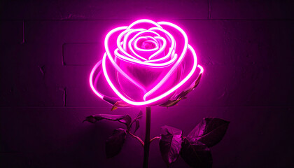 Glowing pink neon rose with natural stem and leaves against dark brick wall glowing flower