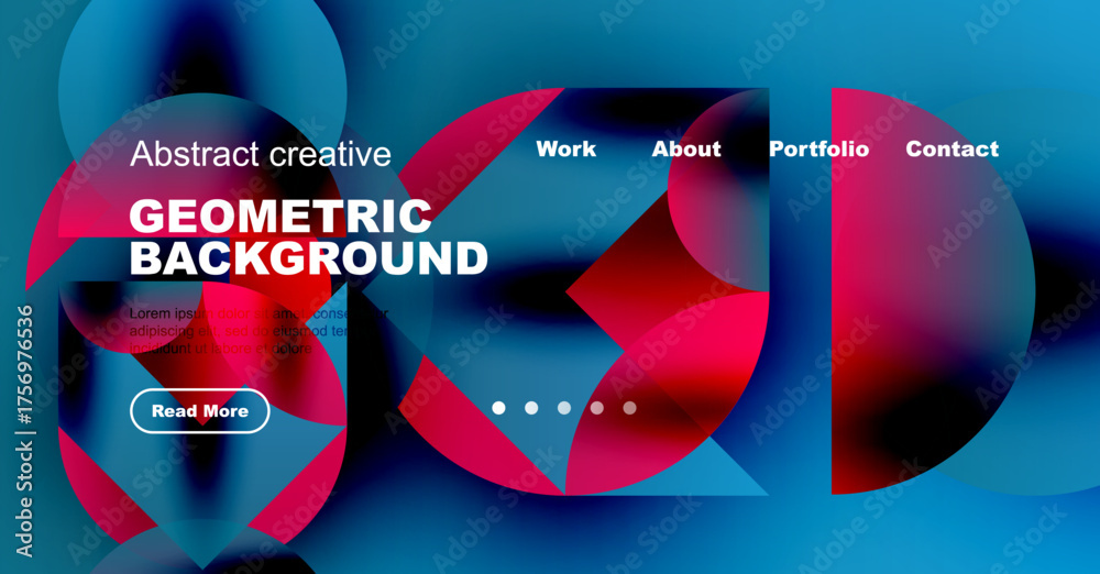 Wall mural Vibrant abstract geometric background. Website header design features bold text, navigation, plus call to action button. Modern style.