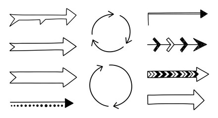 Collection of Hand Drawn Arrows and Circular Arrows in Black and White.