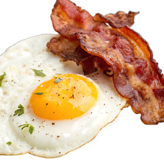 Crispy bacon strips served with fried egg on dark background
