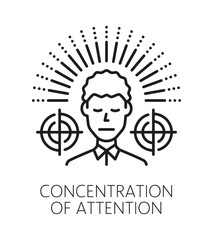 Concentration of attention cognitive ability line icon or sign. Attention concentration development linear vector pictogram, brain function sign. Cognitive ability symbol with focusing man character