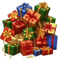 Obraz premium A Pile of Presents: A vibrant display of festive gift boxes adorned with decorative bows, creating a sense of anticipation and delight.