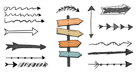 Collection of hand drawn arrows and directional signs in various styles.