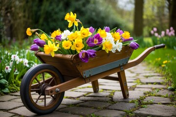 Beautifully Arranged Wheelbarrow Filled with Colorful Spring Flowers in a Serene Garden Setting