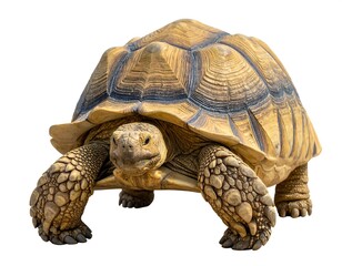Close-up front view of large tortoise on a white background