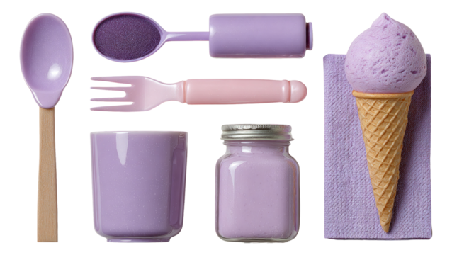 Purple Kitchenware and Ice Cream Set on Transparent Background, Isolated Objects