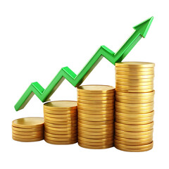 Stacks of gold coins with upward trending green arrow on black background