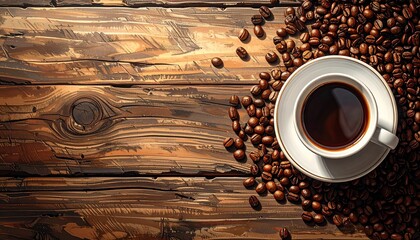 Fresh coffee beans rustic table with steaming black coffee in a white cup, surrounded by scattered beans on wooden textured surface.