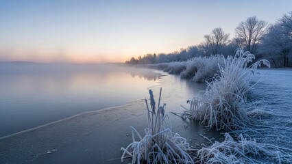 Icy Lake with Frost Covered Trees and Vegetation in Cold Blue Light