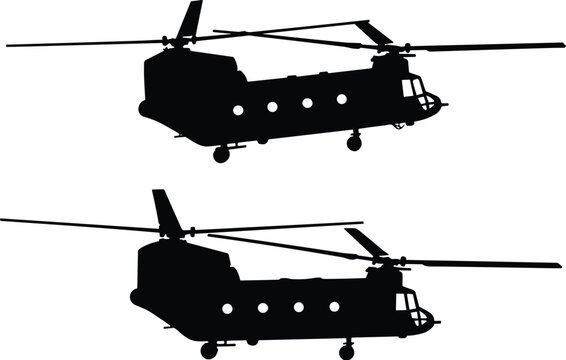 CH-47 Chinook helicopter silhouette, tandem rotor aircraft, military transport, black outline, aviation icon, flying vehicle, isolated graphic, defense equipment, vector illustration, war