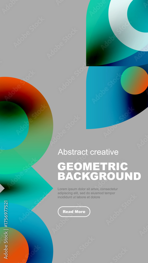 Poster abstract geometric shapes overlap, creating vibrant color gradients. minimalist design with text ele