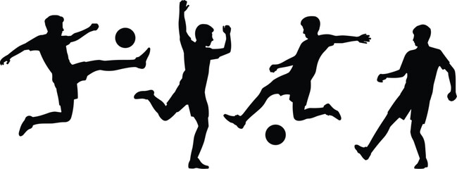 Soccer player silhouette kicking ball, football action pose, athlete movement, sports celebration, dribbling control, black figure icon, dynamic motion, isolated vector illustration