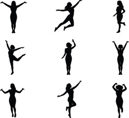 Fototapeta premium Silhouette of expressive human poses, dynamic movement, dance gesture, celebration posture, black figure on white background, artistic body language, isolated person, energetic action, emotion