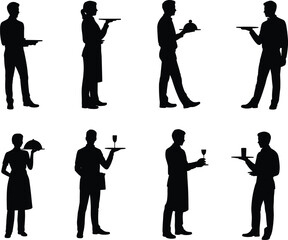Naklejka premium Waiter waitress silhouette set, black vector icons, serving tray, hospitality staff poses, restaurant service illustration, catering workers, food service, professional uniform, isolated design