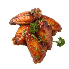 Delicious crispy chicken wings with barbeque sauce and fresh herbs