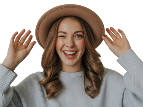 Joyful young woman wearing a hat with colorful holi powder splashes on her face - Powered by Adobe