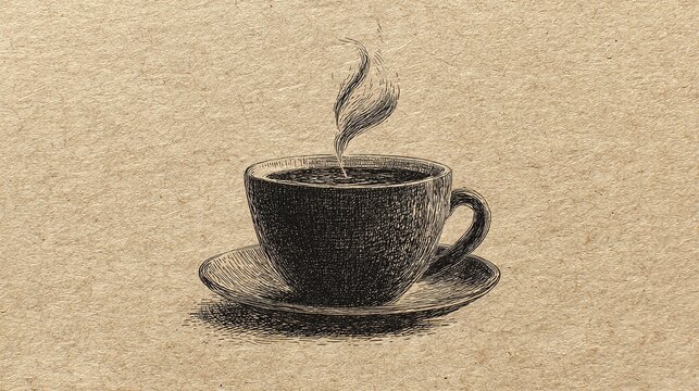 Vintage hand-drawn coffee cup sketch with rising steam on beige paper background, ideal for coffee culture promotion and decorative design. - Powered by Adobe