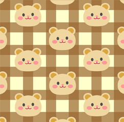 Cute Bear Face Seamless Pattern on Brown Gingham Check Background 