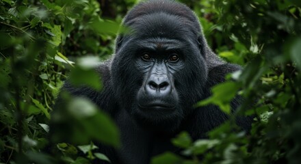 Majestic Mountain Gorilla Portrait Captured in Lush Green Foliage Setting