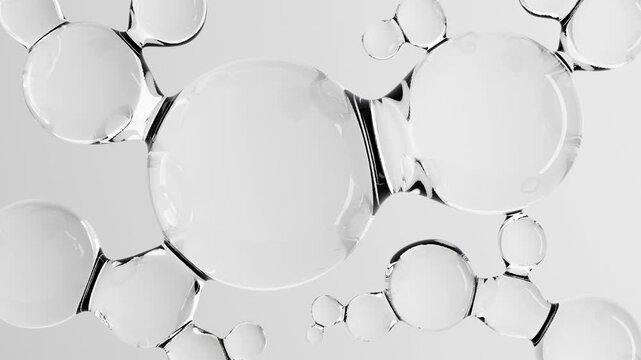 Transparent 3D molecules, liquid water drops, bubbles. Cosmetic products for skin care, hyaluronic. Abstract animation video pattern. Healthcare and medicine designs concept, beauty background.
