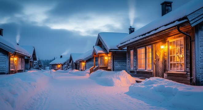 Snowy Village at Twilight with Illuminated Cabins and Smoke Plumes in Rural Winter Landscape