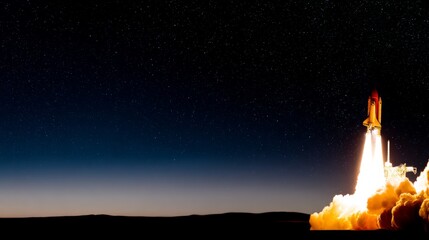 thrust. Rocket launching at night, with a dramatic plume against a starry backdrop. product launch decks, UI/UX mockups, designed for data visualization dashboards and holographic UIs.
