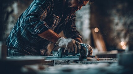 A focused view of a carpenter meticulously working with a circular saw.
