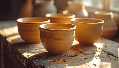 Pottery bowls on a wooden surface, natural light, workshop setting