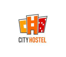 Hostel and hotel business abstract icon or emblem. Resort hostel emblem, rental accommodation business graphic vector symbol. Hotel icon or travel motel company abstract sign with city buildings