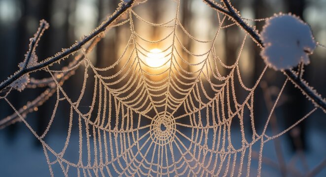 Intricate Frost Covered Spiderweb on Branches in Sunlight Winter Scenery Snowy Forest Background