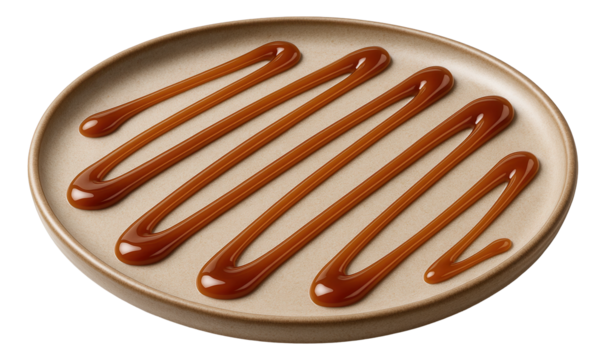 Thick caramel sauce elegantly drizzled in parallel lines on a round beige plate.
