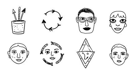Collection of Hand Drawn Icons Featuring Faces and Symbols.