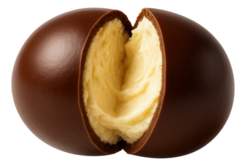 A chocolate-covered ball with a creamy vanilla filling cut to reveal its soft interior.