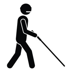 Iconographic representation of a visually impaired person navigating with a white cane walking stick showing mobility aid and support silhouette