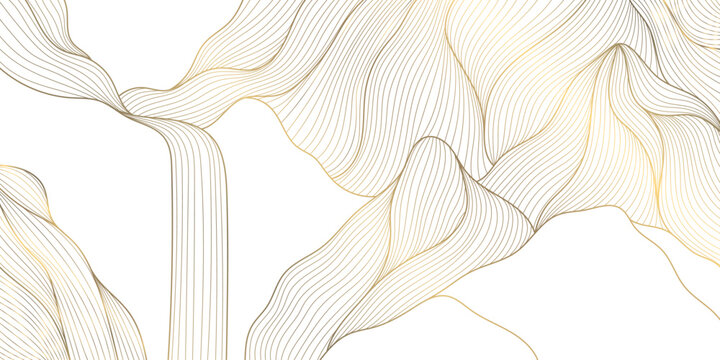 Abstract Japanese mountain landscape in golden linear style, flowing waterfall and geometric terrain. Elegant oriental vector background, luxury design, zen art, poster.
