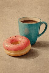 Watercolor illustration of a blue coffee cup and pink frosted donut with colorful sprinkles on beige textured paper background, cozy cafe artwork