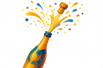 Champagne bottle popping, cork flying, golden bubbly liquid splashing, celebrating new year, watercolor illustration, transparent background