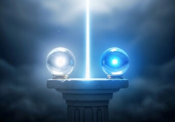 Mystical glowing crystal spheres on stone pedestal with radiant light beam — fantasy atmospheric composition in cool blue and white tones