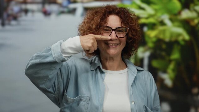 Woman with glasses smiling playfully touches nose on city street, capturing a moment of joy and amusement outdoors amidst urban scenery, wearing casual attire and curly brunette hair.