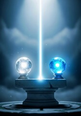 Mystical glowing crystal spheres on stone pedestal with radiant light beam — fantasy atmospheric composition in cool blue and white tones