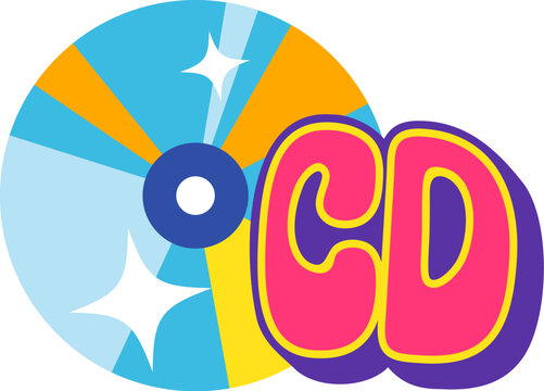 Compact disc Y2K groovy sticker or retro print. Retro positive funky vector tag, hippie cute cartoon sticker. Vintage 80s groovy label or funny 60s Y2K patch with computer or music album CD dics