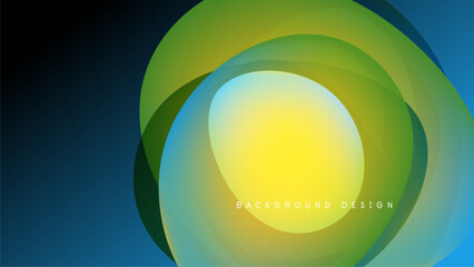 Abstract layers create vibrant circular design. Colors blendyellow, green, blueover dark backdrop. Modern, smooth aesthetic.
