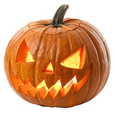 Illuminated Jack o lantern with scary face on black background