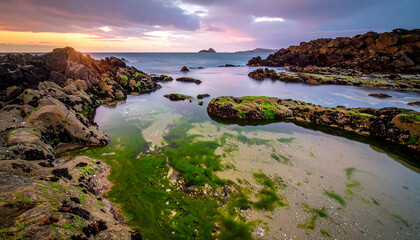 Serene ocean rock pools with vibrant green algae and barnacle covered stones barnacles coastline