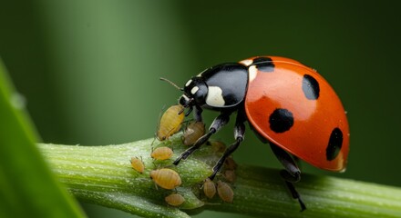 Fototapeta premium A vibrant ladybug devouring aphids on a green plant stem in vivid detail, showcasing nature's intricate balance and pest control strategy