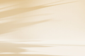 Abstract beige color gradient studio background for product presentation. Empty room with shadows of flowers and plant leaves. 3d ivory room with copy space. Summer concept. Blurred backdrop